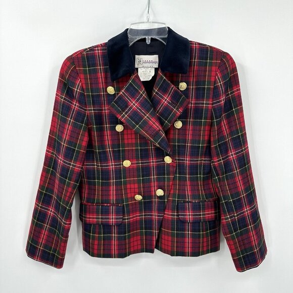 vintage 90s PLAID CROPPED JACKET blazer double breasted 100% wool tweed 8 - Picture 3 of 8